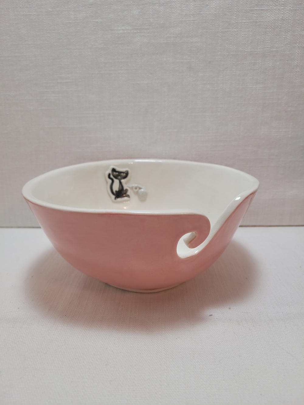 Ceramic Cat Yarn Bowl in Pink and White By Muddy Waters Pottery